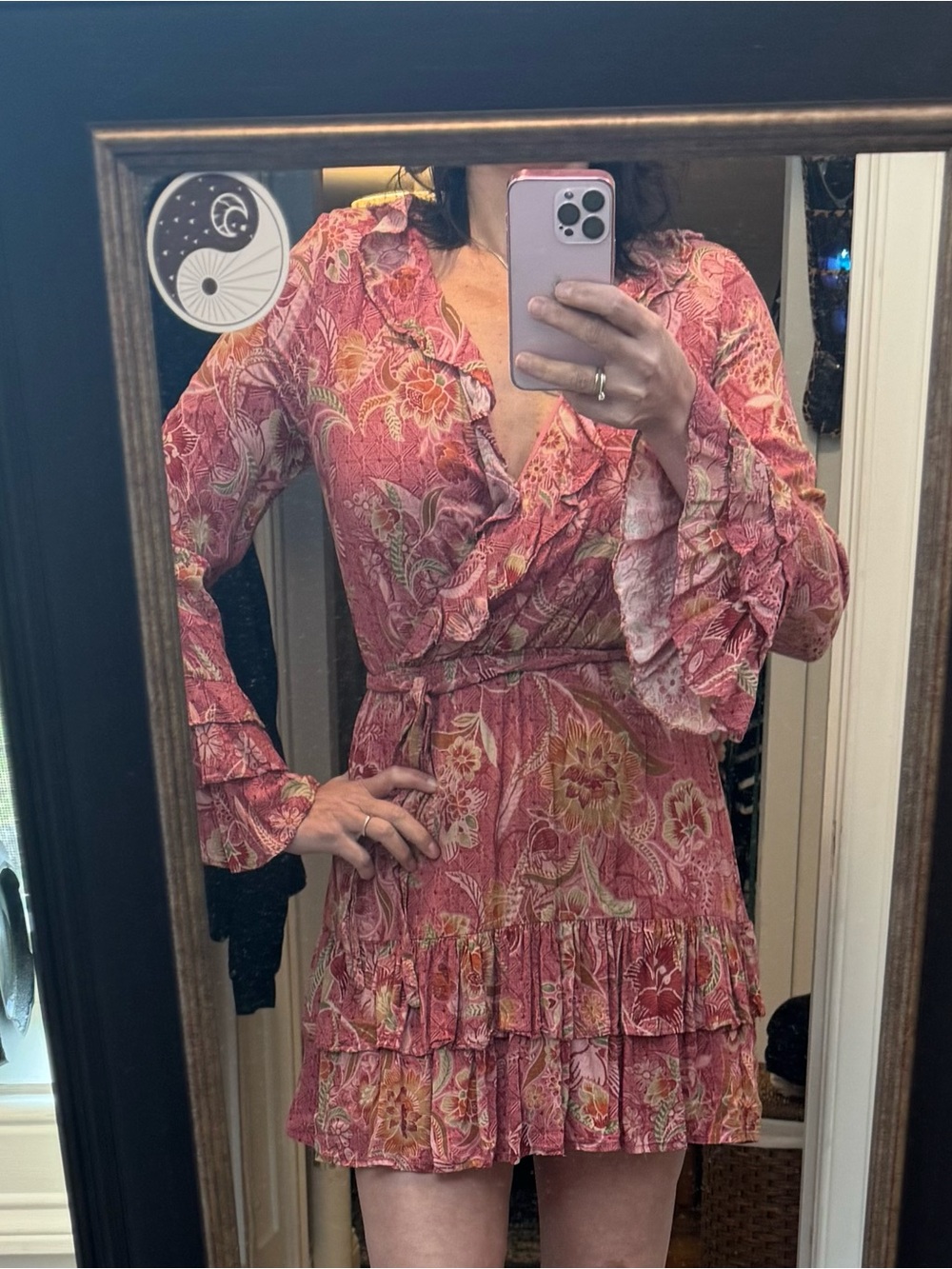 Anthropologie Rose Pink Floral Ruffle Tie-Waist Mini Dress - Picture 5 of 6